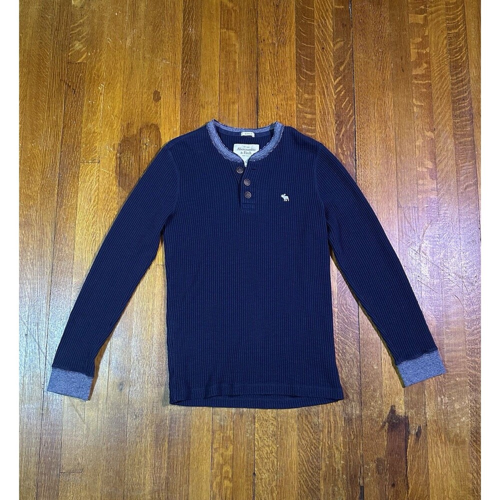 Abercrombie Fitch Henley Shirt Mens Small Waffle Knit Muscle Y2K Navy Blue